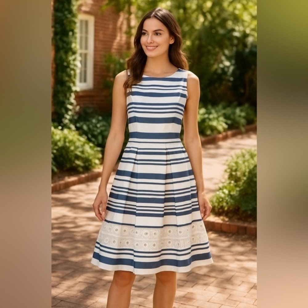 Vince Camuto Striped Fit & Flare Dress – Blue White Crochet Inset EUC 8 #2512